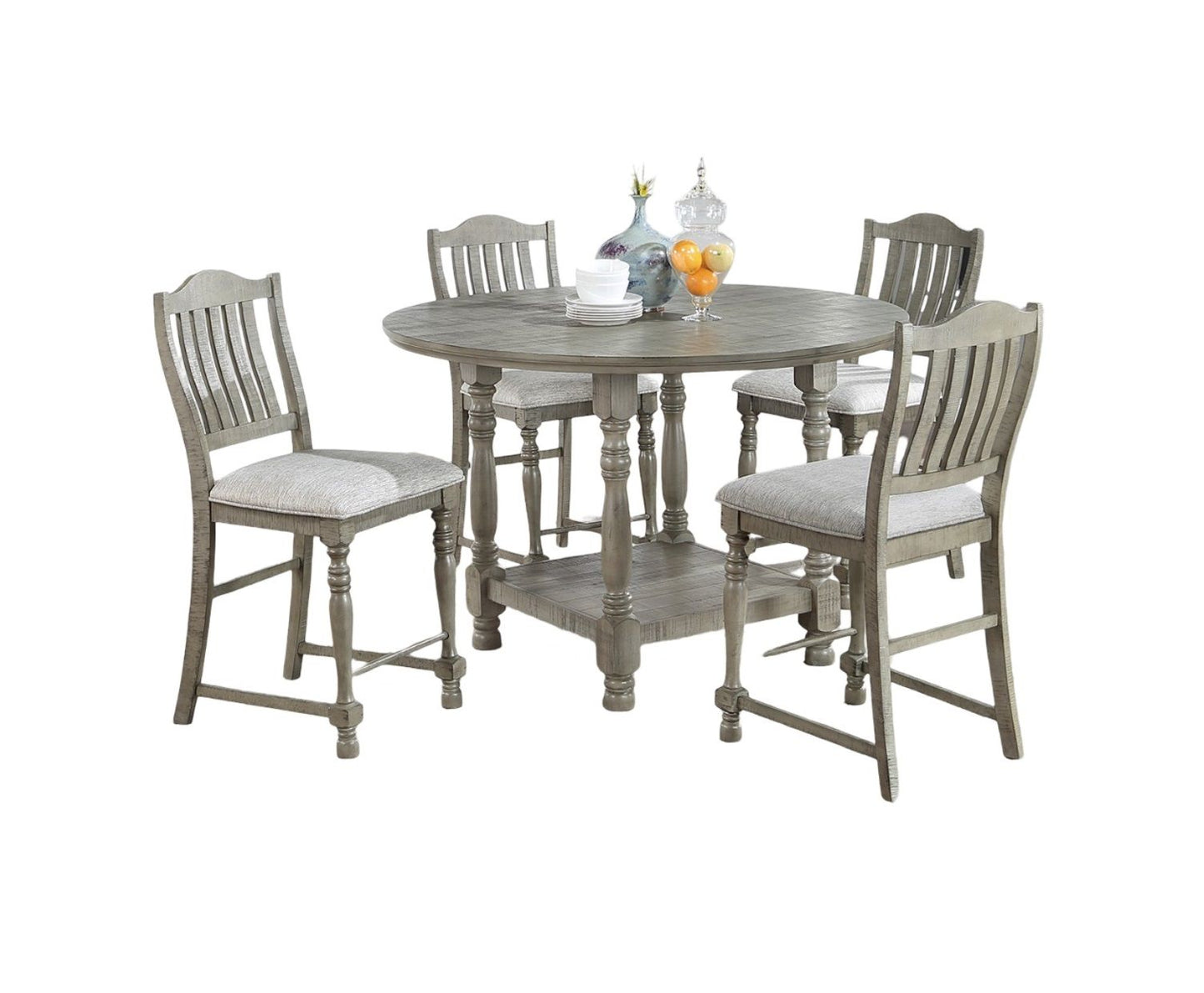 Dining Table 4x High Chairs 5pcs Counter Height Dining Set Light Grey Finish Dining Room Furniture Plush Upholstered Fab image 2