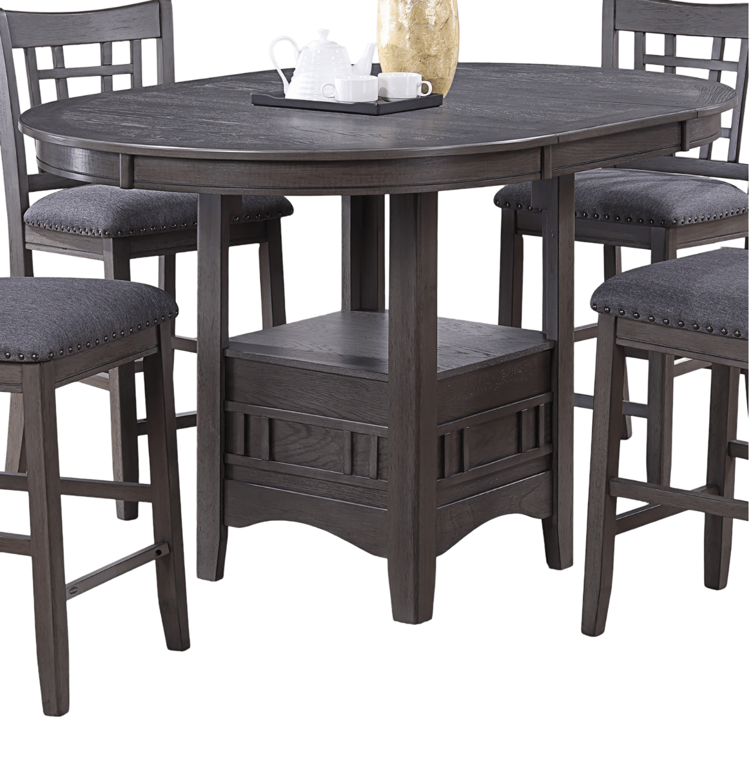 Dining Table Round Counter height Dining Table w Shelve 1pc Table Only Built In Leaf Solid wood Gray Finish image 3