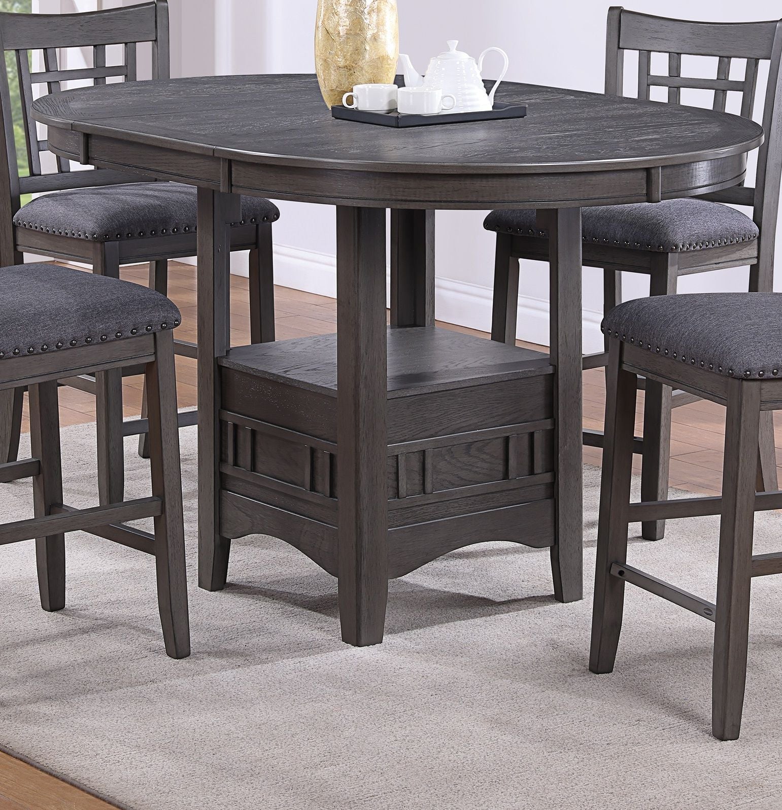 Dining Table Round Counter height Dining Table w Shelve 1pc Table Only Built In Leaf Solid wood Gray Finish image 2