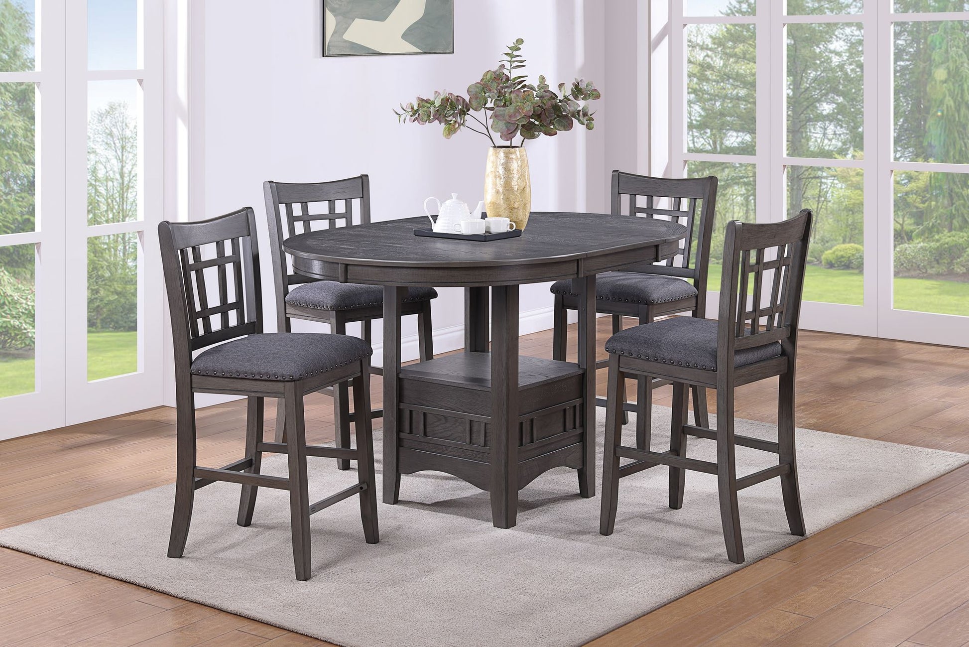Dining Table Round Counter height Dining Table w Shelve 1pc Table Only Built In Leaf Solid wood Gray Finish image 7
