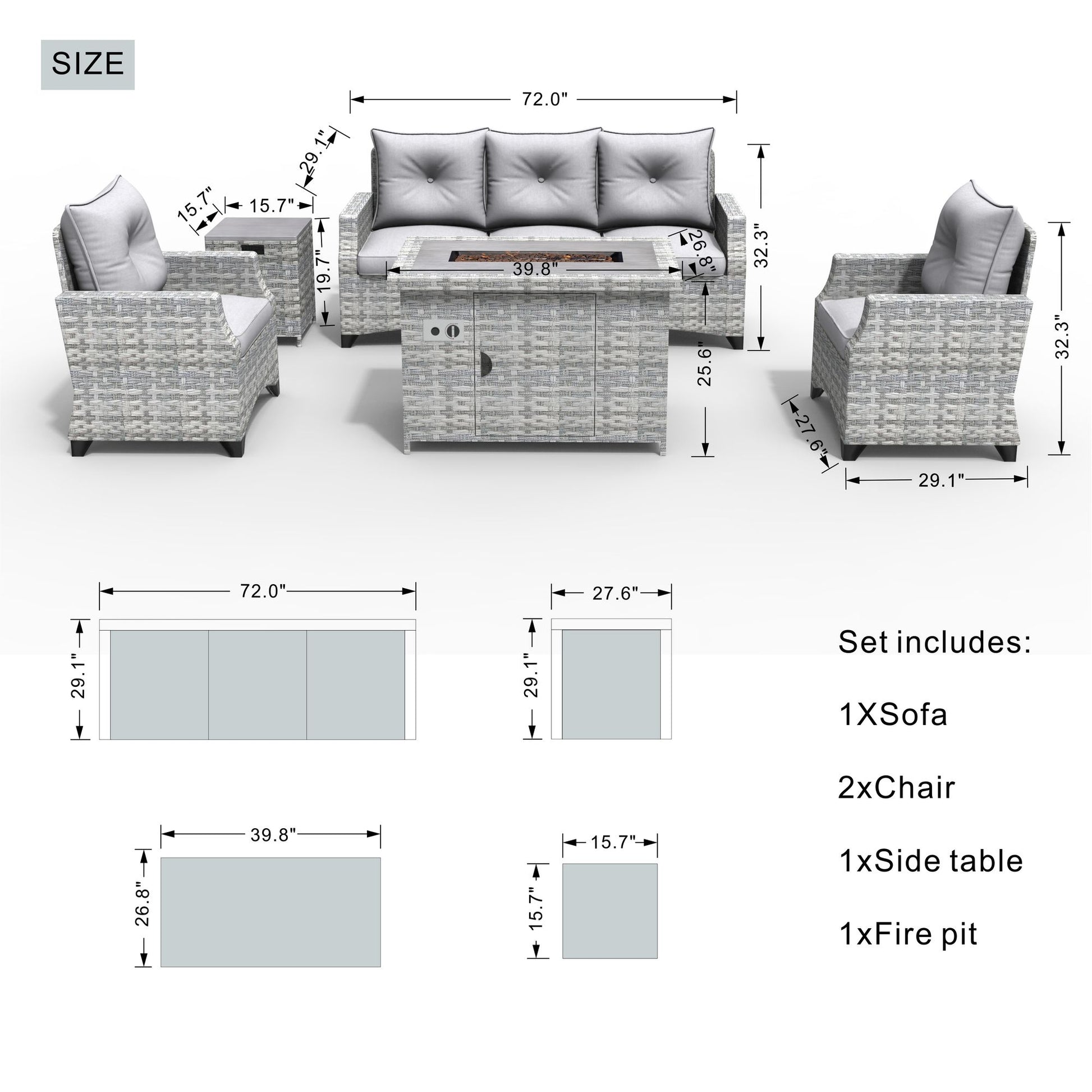 Direct Wicker 5-Piece Wicker Patio Fire Pit Sectional Seating Set with Gray Cushions image 3