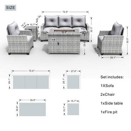 Direct Wicker 5-Piece Wicker Patio Fire Pit Sectional Seating Set with Gray Cushions image 3