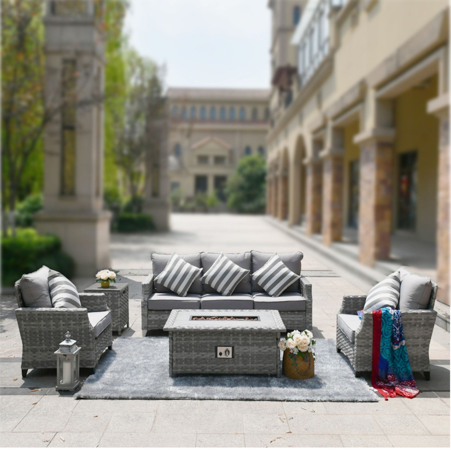 Direct Wicker 5-Piece Wicker Patio Fire Pit Sectional Seating Set with Gray Cushions image 10