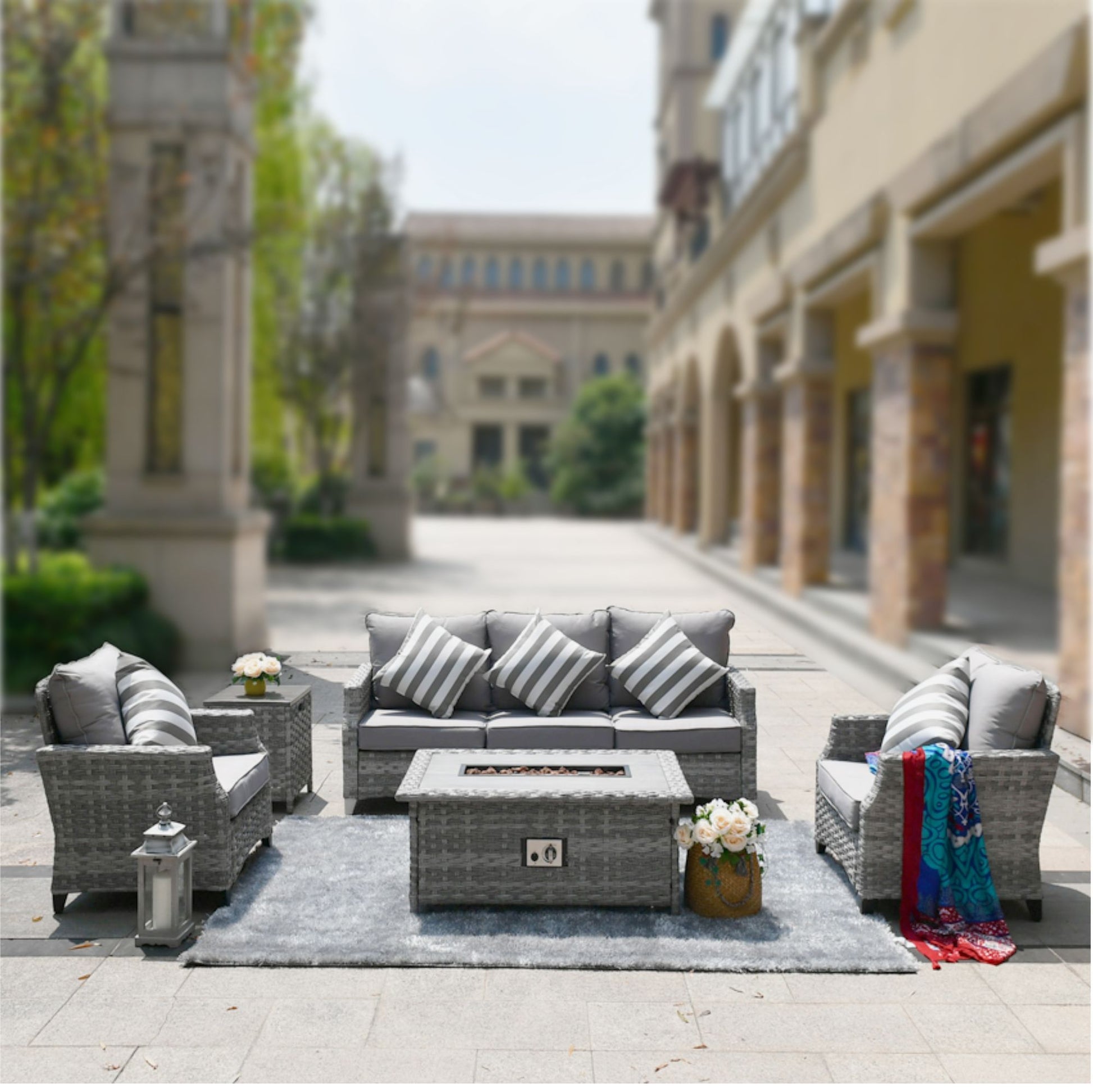 Direct Wicker 5-Piece Wicker Patio Fire Pit Sectional Seating Set with Gray Cushions image 10