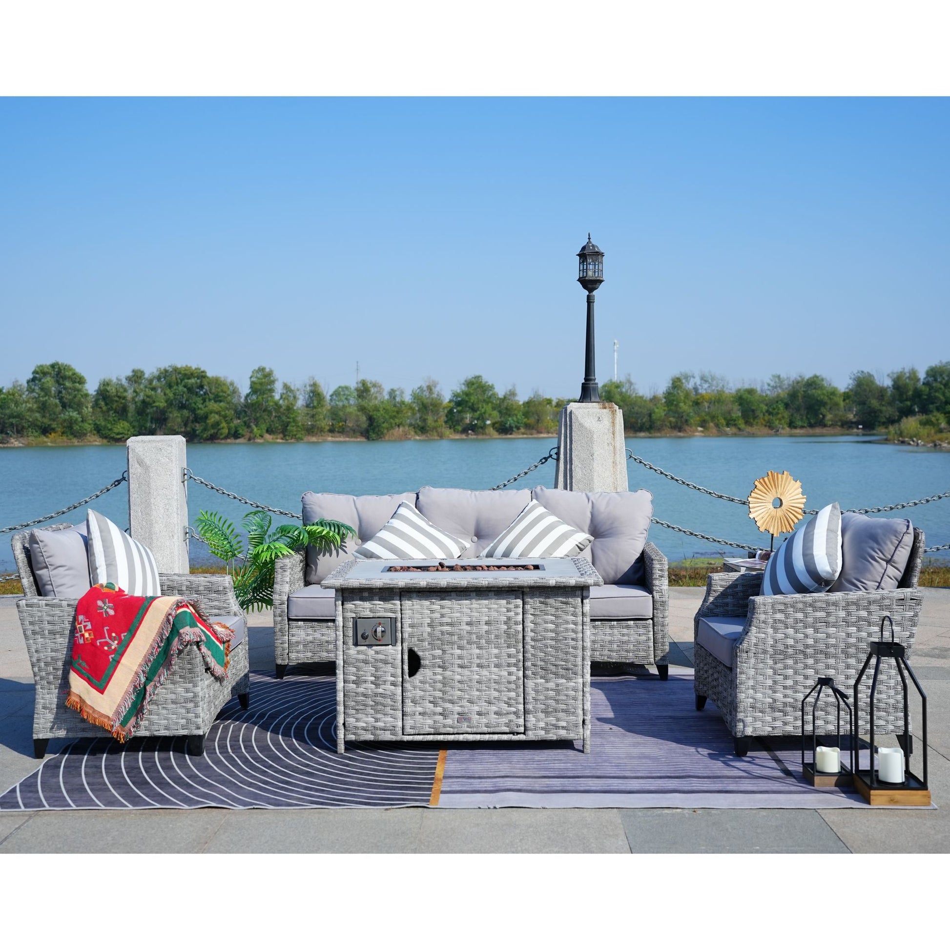 Direct Wicker 5-Piece Wicker Patio Fire Pit Sectional Seating Set with Gray Cushions image 1