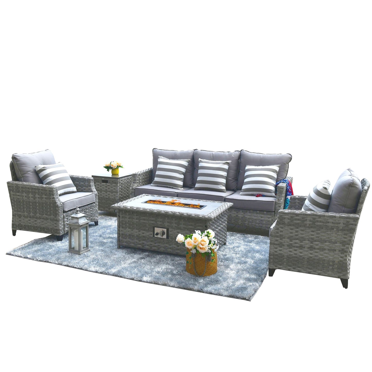 Direct Wicker 5-Piece Wicker Patio Fire Pit Sectional Seating Set with Gray Cushions image 9