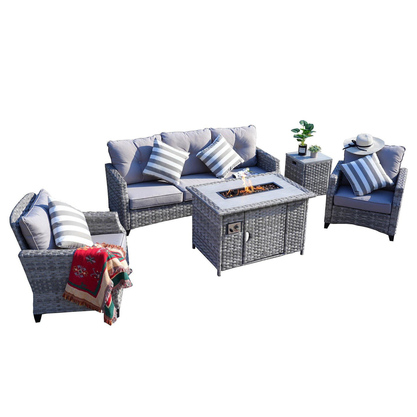Direct Wicker 5-Piece Wicker Patio Fire Pit Sectional Seating Set with Gray Cushions image 2