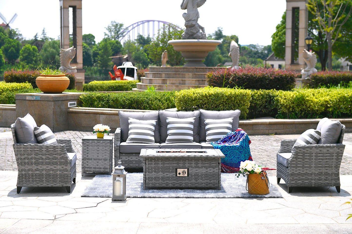 Direct Wicker Gray Wicker Sofa Set Outdoor Furniture Conversation Set with Firepit Table image 2
