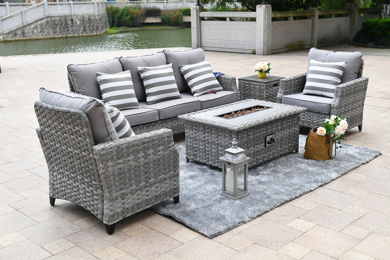 Direct Wicker Gray Wicker Sofa Set Outdoor Furniture Conversation Set with Firepit Table image 3
