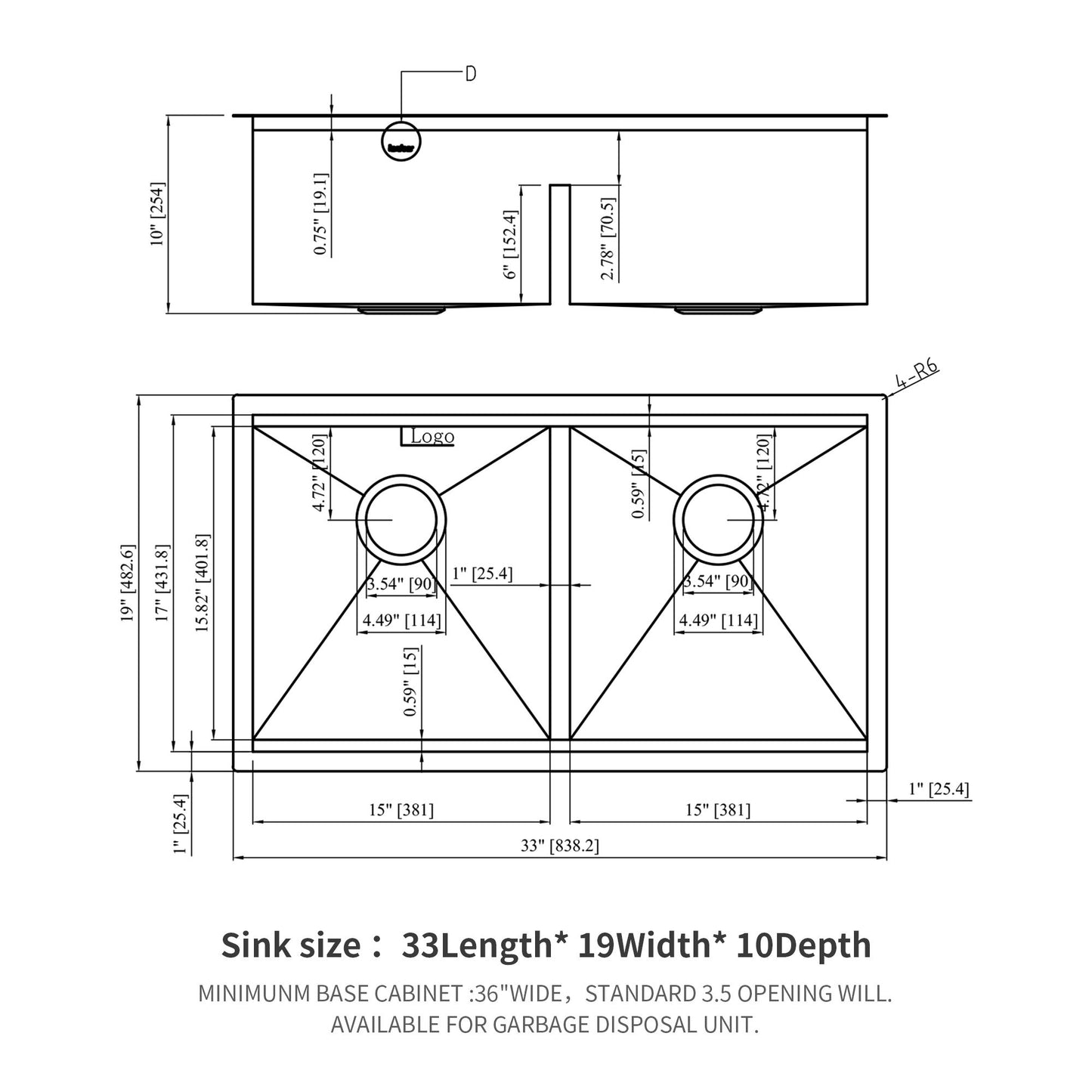 Double Bowl (50/50) Undermount Kitchen Sink- 33"x19"x10" Stainless Steel 16 Gauge with Two 10" Deep Basin image 7