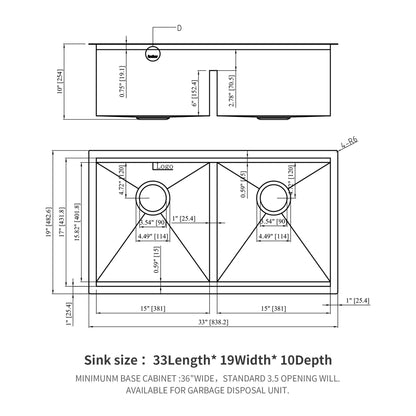 Double Bowl (50/50) Undermount Kitchen Sink- 33"x19"x10" Stainless Steel 16 Gauge with Two 10" Deep Basin image 7