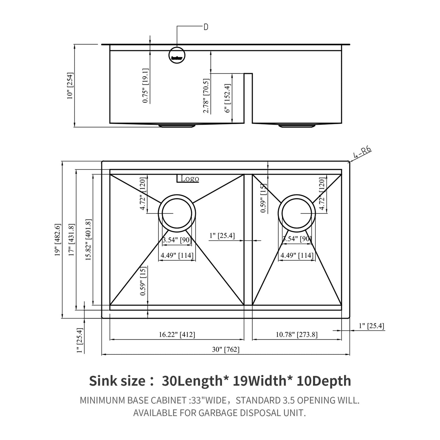 Double Bowl(60/40) Undermount Sink- 30"x19"x10" Double Bowl Kitchen Sink 16 Gauge with Two 10" Deep Basin image 7