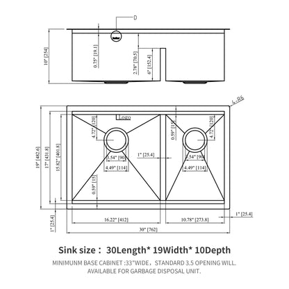 Double Bowl(60/40) Undermount Sink- 30"x19"x10" Double Bowl Kitchen Sink 16 Gauge with Two 10" Deep Basin image 7