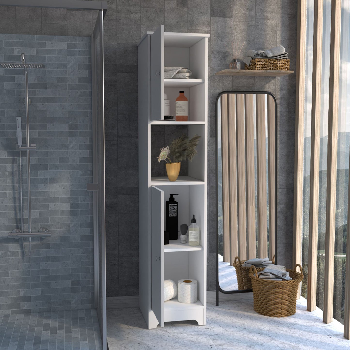 Double Door Cabinet 69" H, Four Interior Shelves, One Open Shelf, White image 4