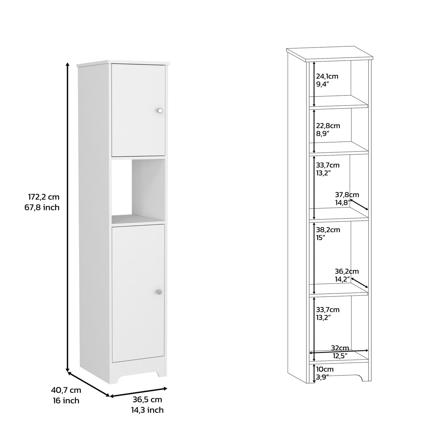 Double Door Cabinet 69" H, Four Interior Shelves, One Open Shelf, White image 7