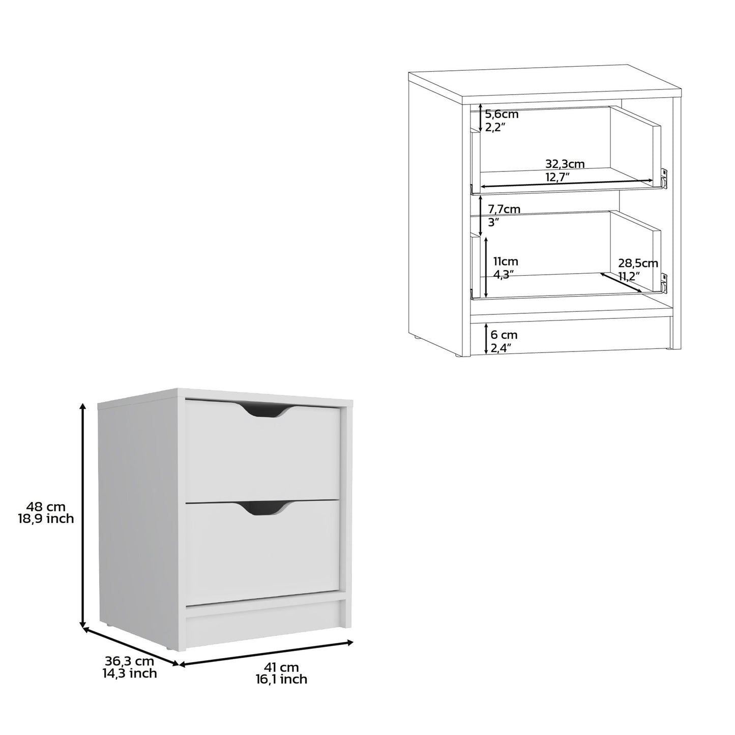 Double Drawer Nightstand 19"H, Bedside Table, White image 5