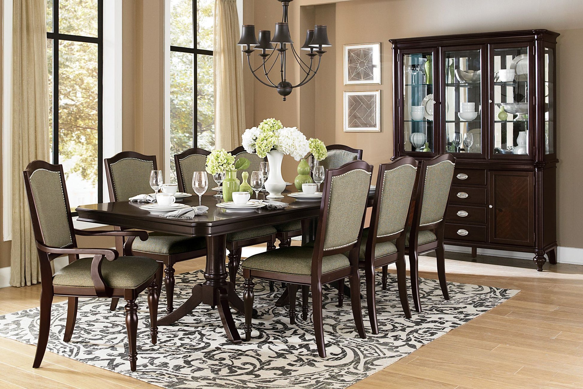 Double Pedestal Base Dark Cherry Finish 1pc Dining Table with Extension Leaf Wooden Furniture 96-inch Table image 6