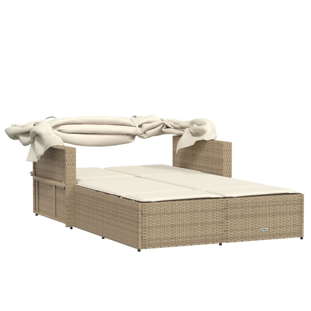 Double Sun Lounger with Canopy and Cushions Beige Poly Rattan image 7