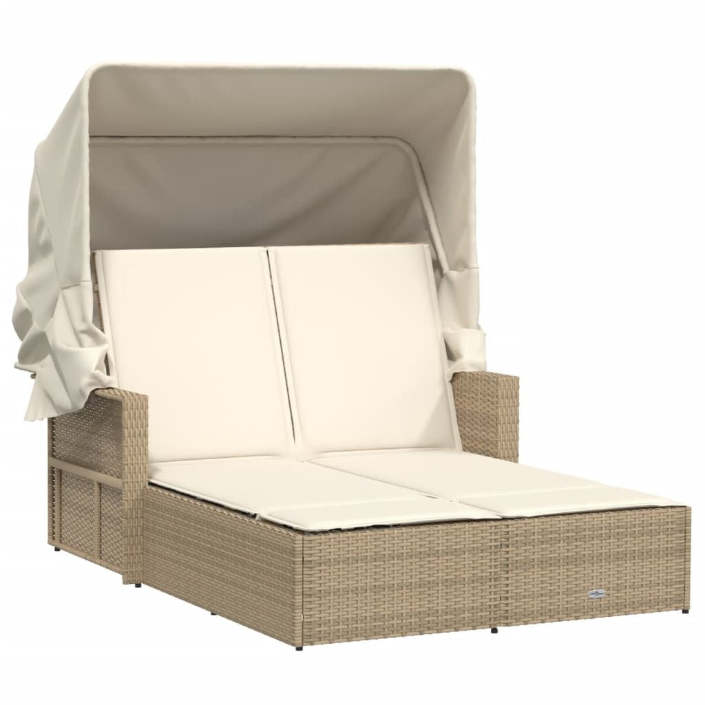 Double Sun Lounger with Canopy and Cushions Beige Poly Rattan image 2
