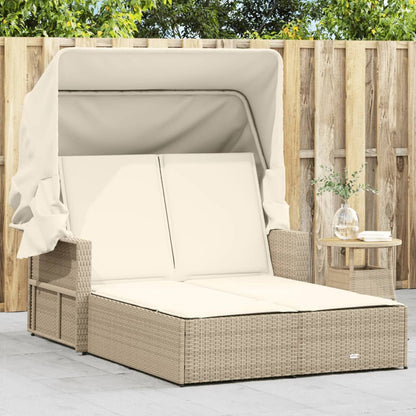 Double Sun Lounger with Canopy and Cushions Beige Poly Rattan image 1