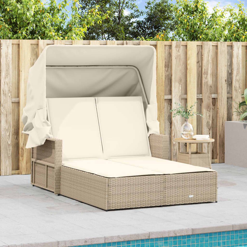 Double Sun Lounger with Canopy and Cushions Beige Poly Rattan image 3