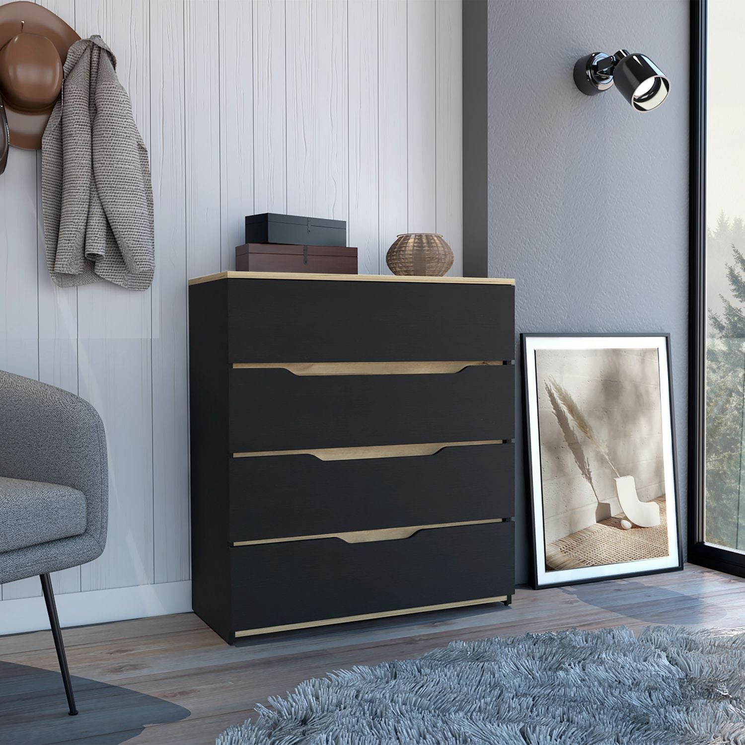 Drawer Dresser 35"H, Four Drawers, Superior Top, Black / Light Oak image 1