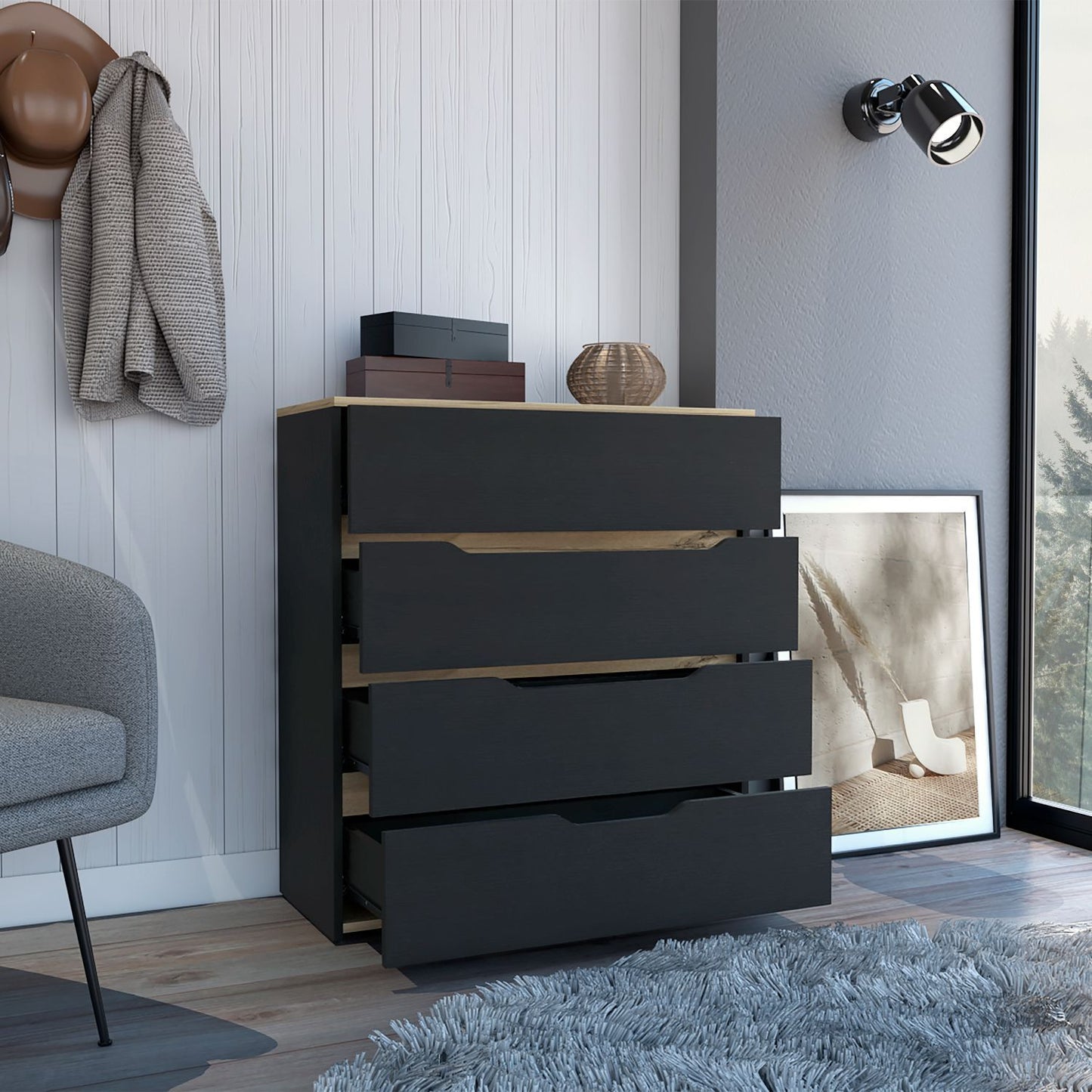 Drawer Dresser 35"H, Four Drawers, Superior Top, Black / Light Oak image 2