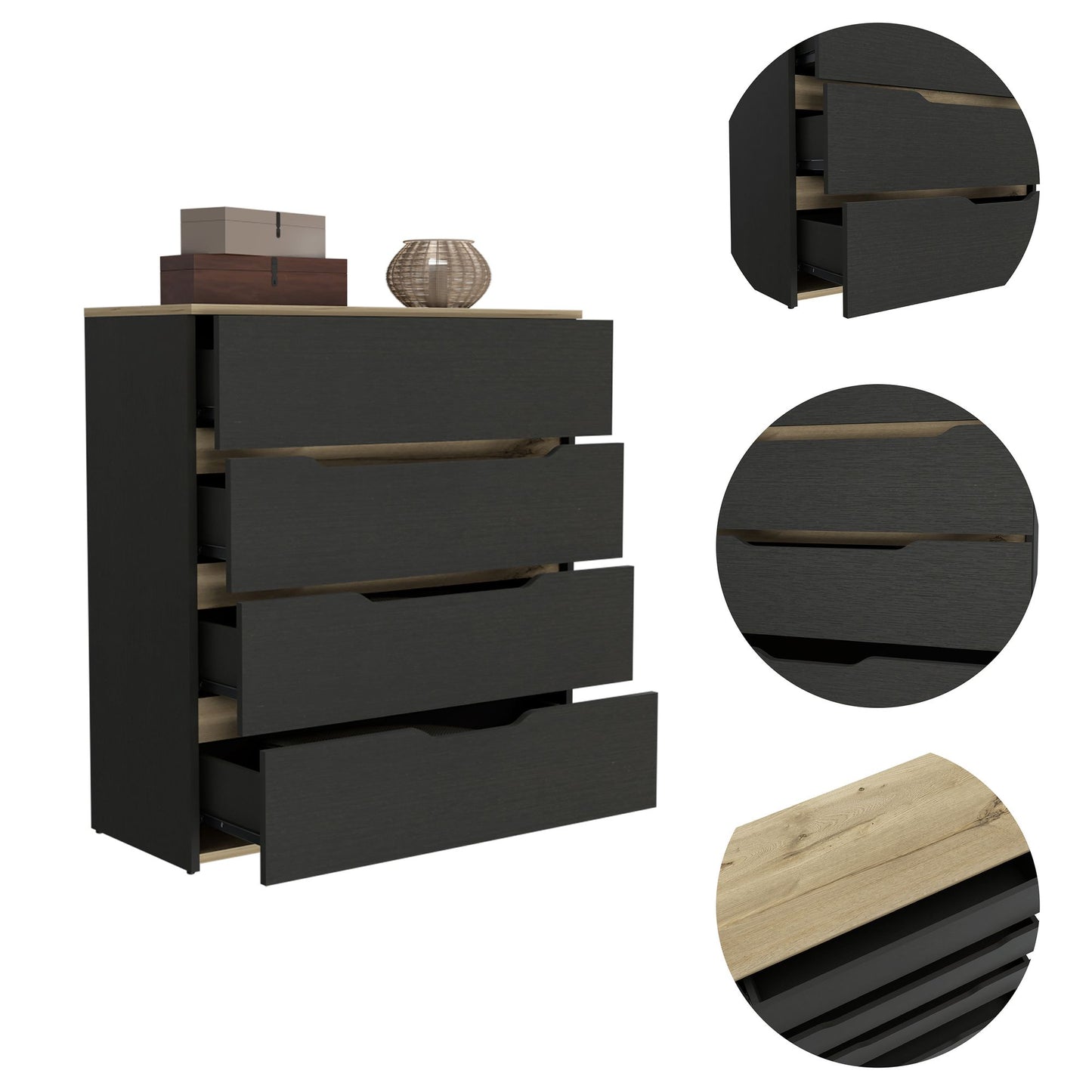 Drawer Dresser 35"H, Four Drawers, Superior Top, Black / Light Oak image 5