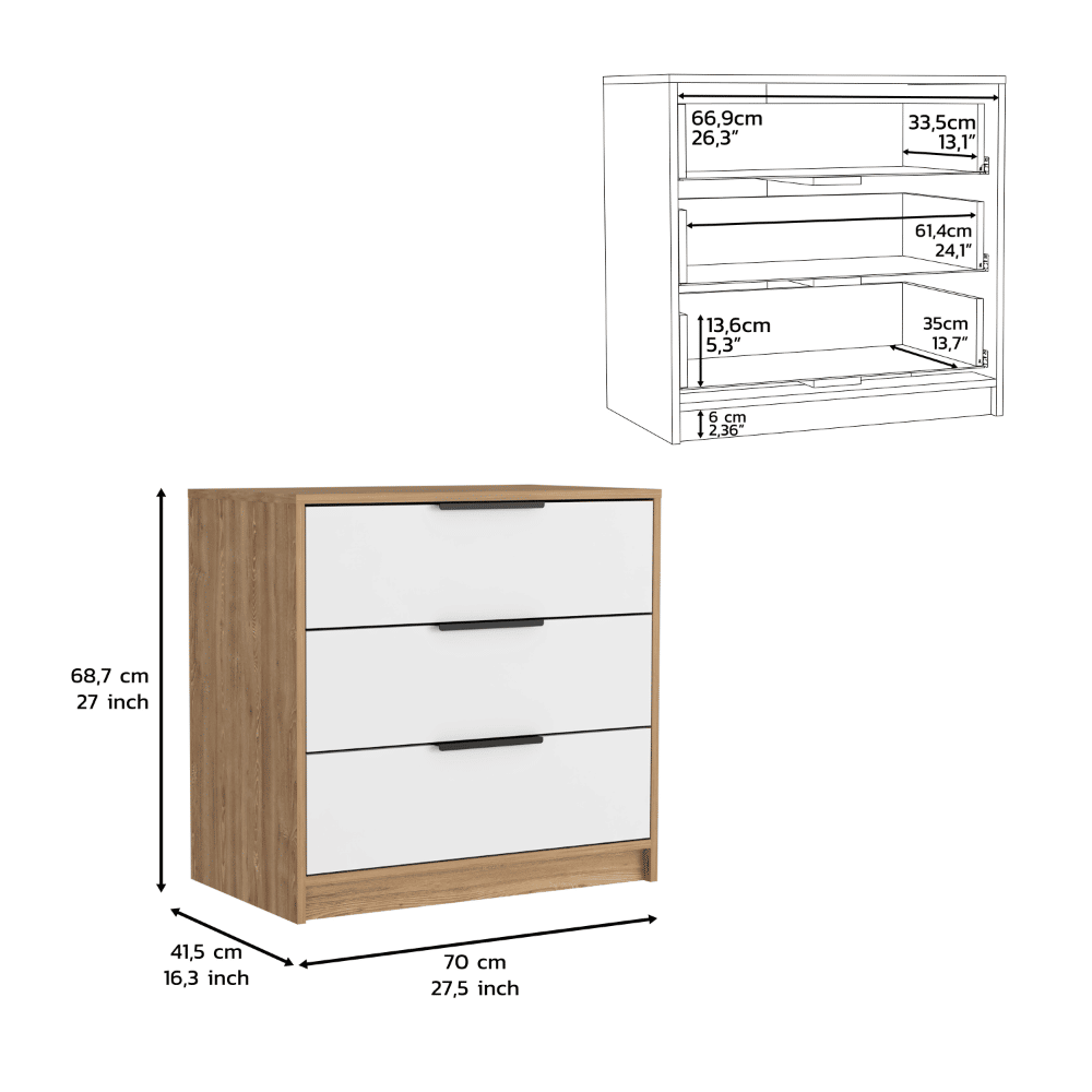 Dresser 27"H, 3 Drawers Dresser, Superior Top, White / Light Oak image 2