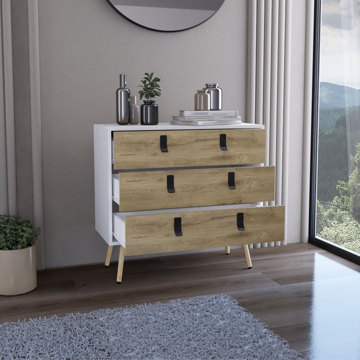 Dresser 29"H, 3 Drawers Dresser with Handles and Wooden Legs, White / Macadamia image 3