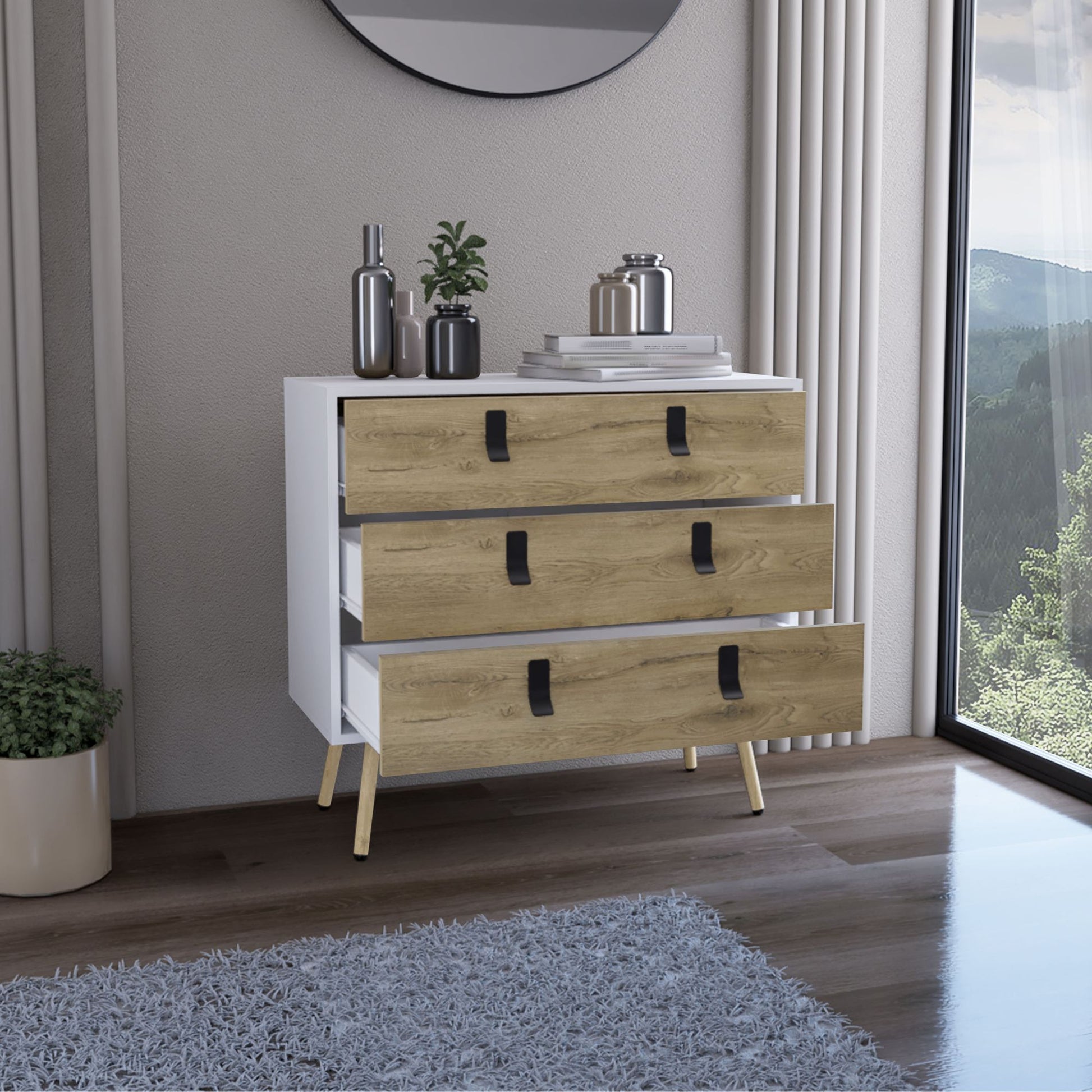 Dresser 29"H, 3 Drawers Dresser with Handles and Wooden Legs, White / Macadamia image 3
