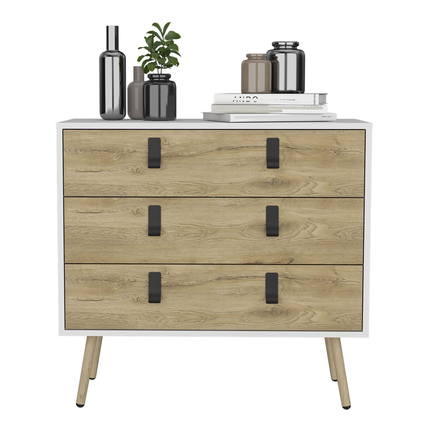 Dresser 29"H, 3 Drawers Dresser with Handles and Wooden Legs, White / Macadamia image 5