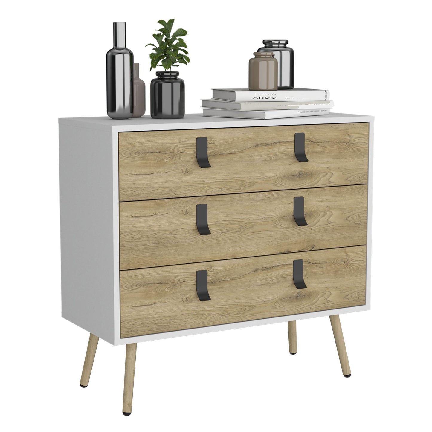 Dresser 29"H, 3 Drawers Dresser with Handles and Wooden Legs, White / Macadamia image 6