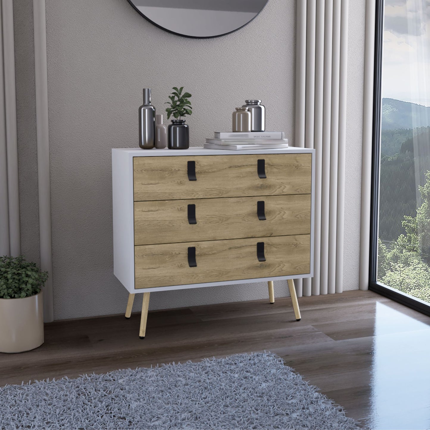 Dresser 29"H, 3 Drawers Dresser with Handles and Wooden Legs, White / Macadamia image 1