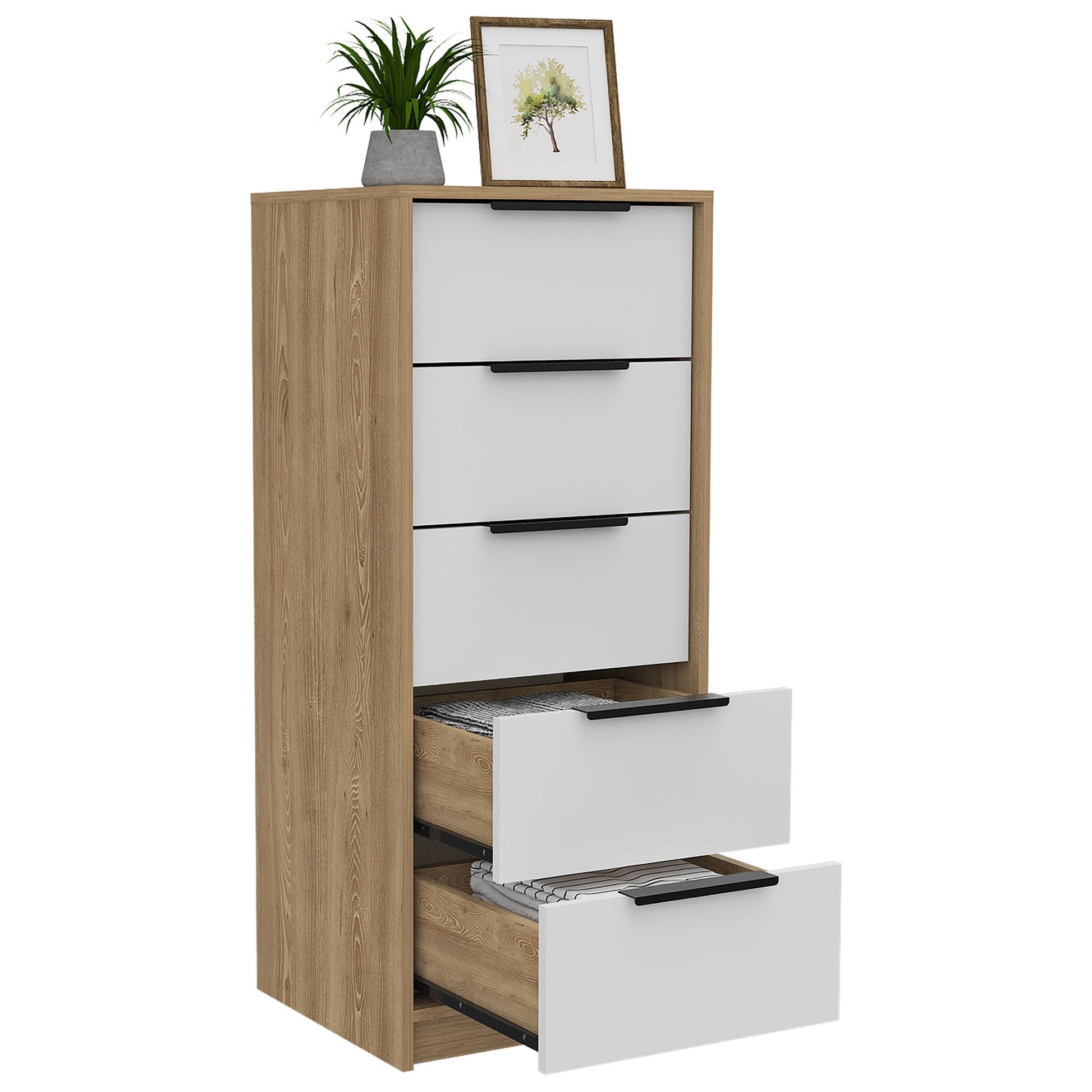 Dresser 42"H, 5 Drawer, Vertical Dresser, White / Light Oak image 4