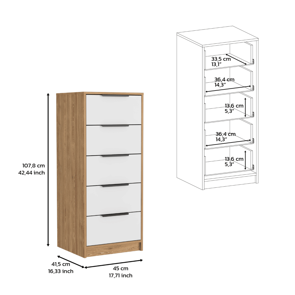 Dresser 42"H, 5 Drawer, Vertical Dresser, White / Light Oak image 2