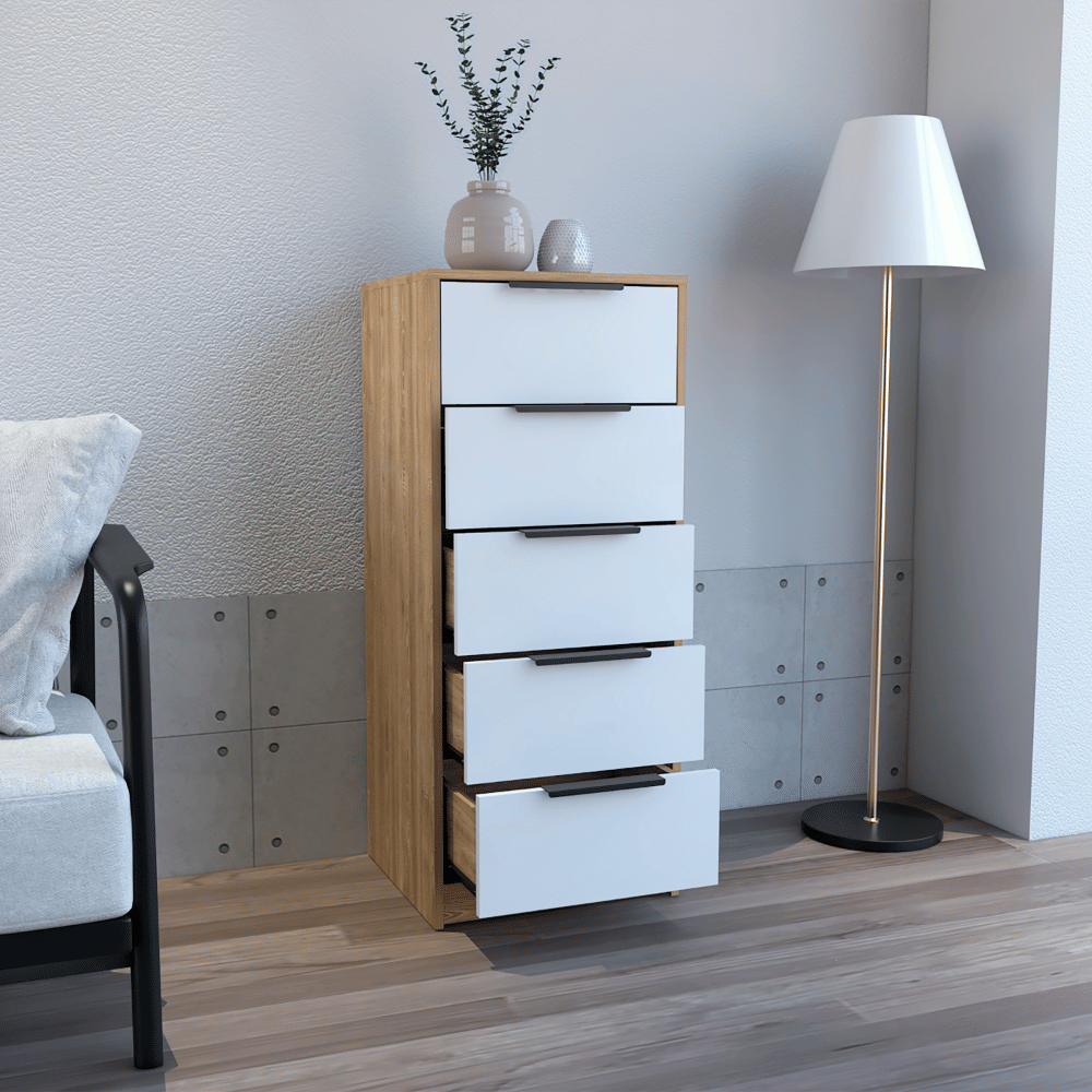 Dresser 42"H, 5 Drawer, Vertical Dresser, White / Light Oak image 5