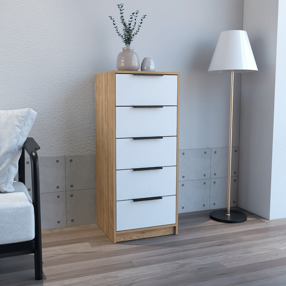 Dresser 42"H, 5 Drawer, Vertical Dresser, White / Light Oak image 1