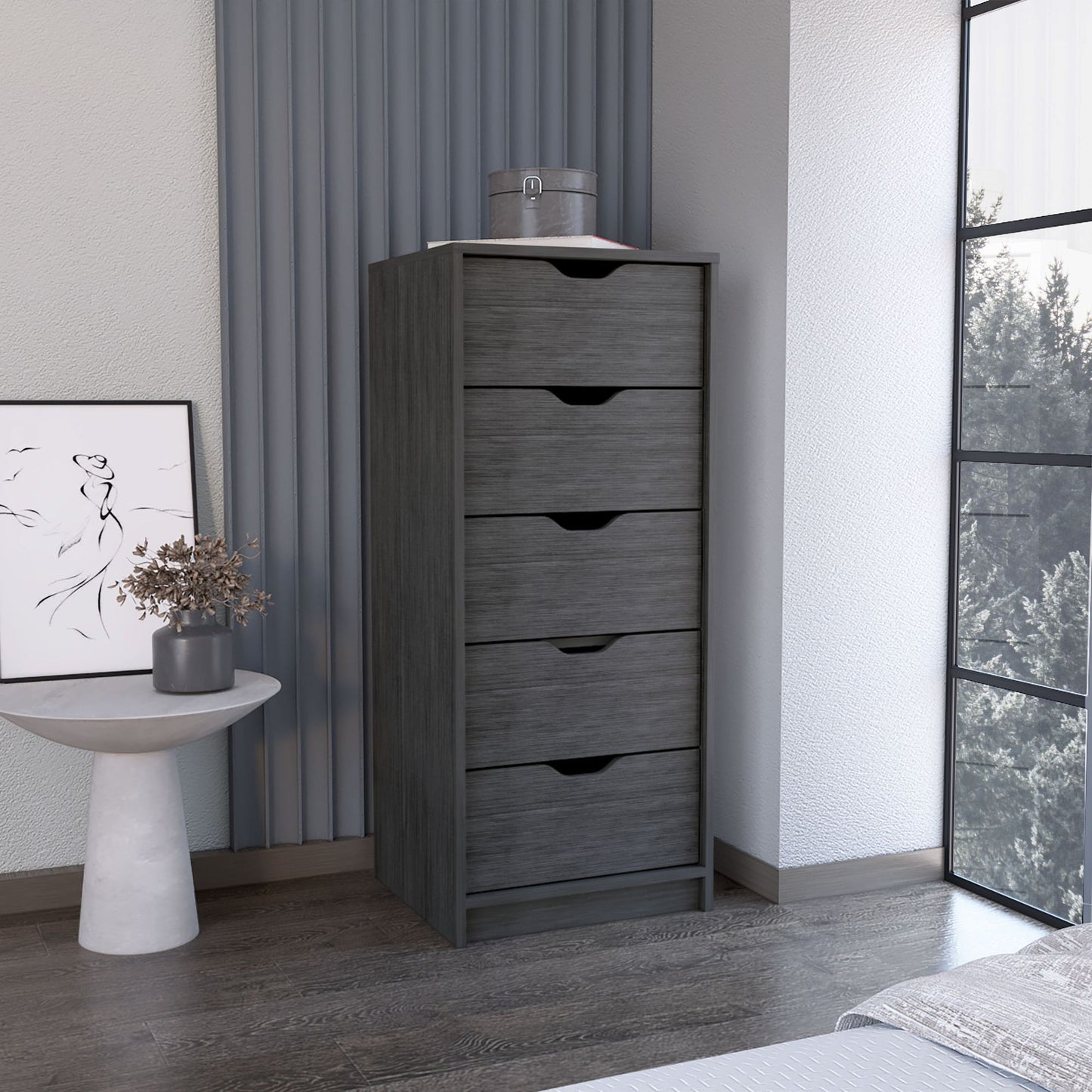 Dresser 42H" 5 Drawers Narrow Dresser, Slim Storage Chest of Drawers, Bedroom, Smokey Oak image 3