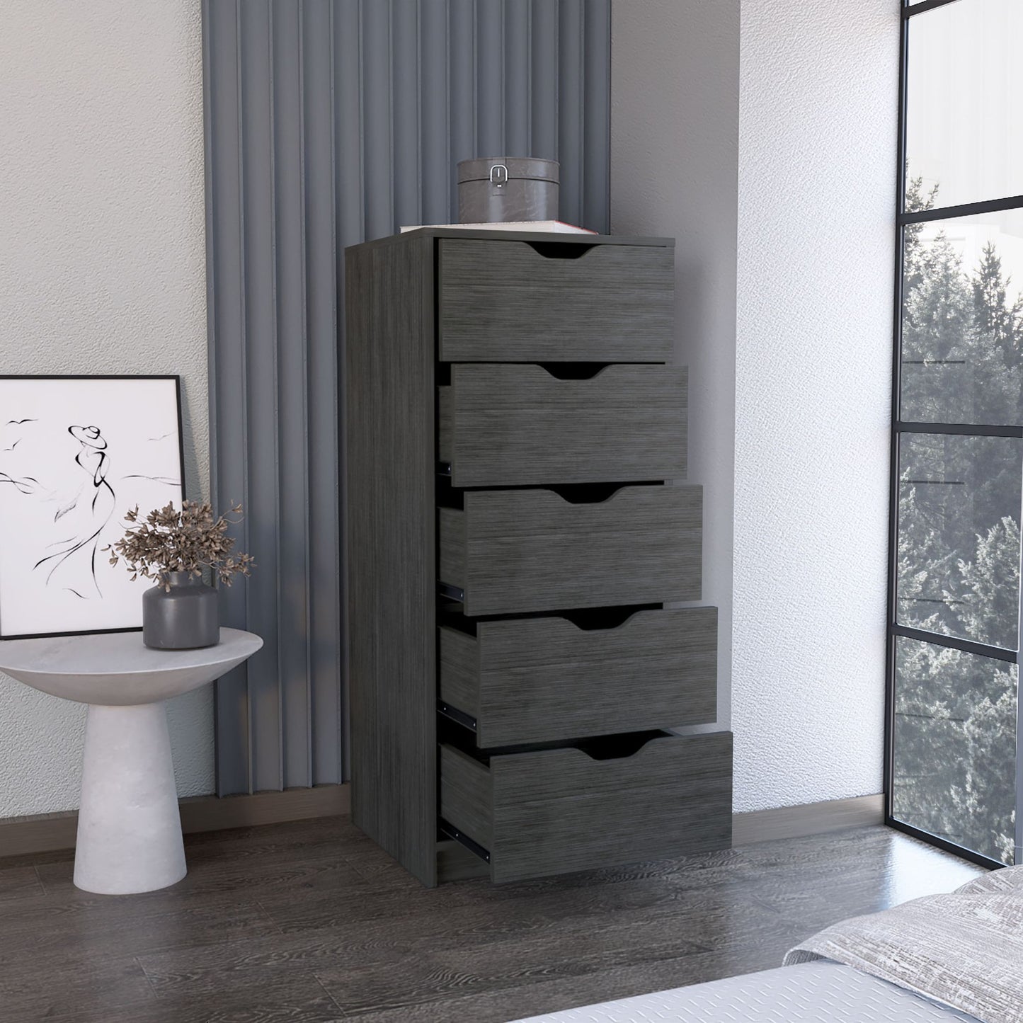 Dresser 42H" 5 Drawers Narrow Dresser, Slim Storage Chest of Drawers, Bedroom, Smokey Oak image 1