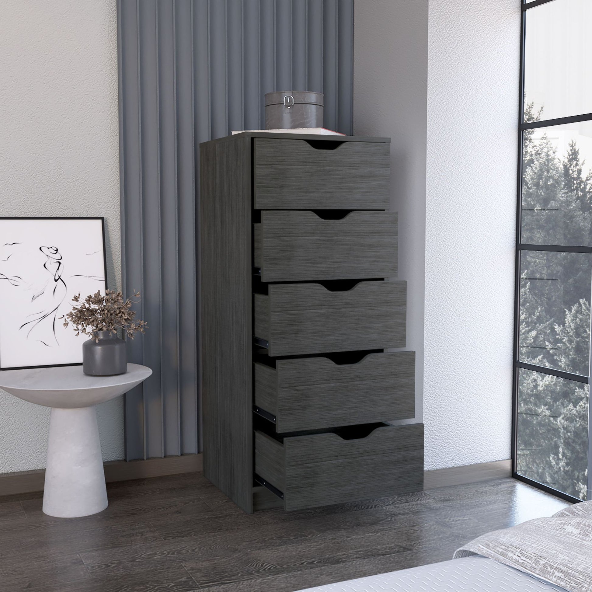 Dresser 42H" 5 Drawers Narrow Dresser, Slim Storage Chest of Drawers, Bedroom, Smokey Oak image 1