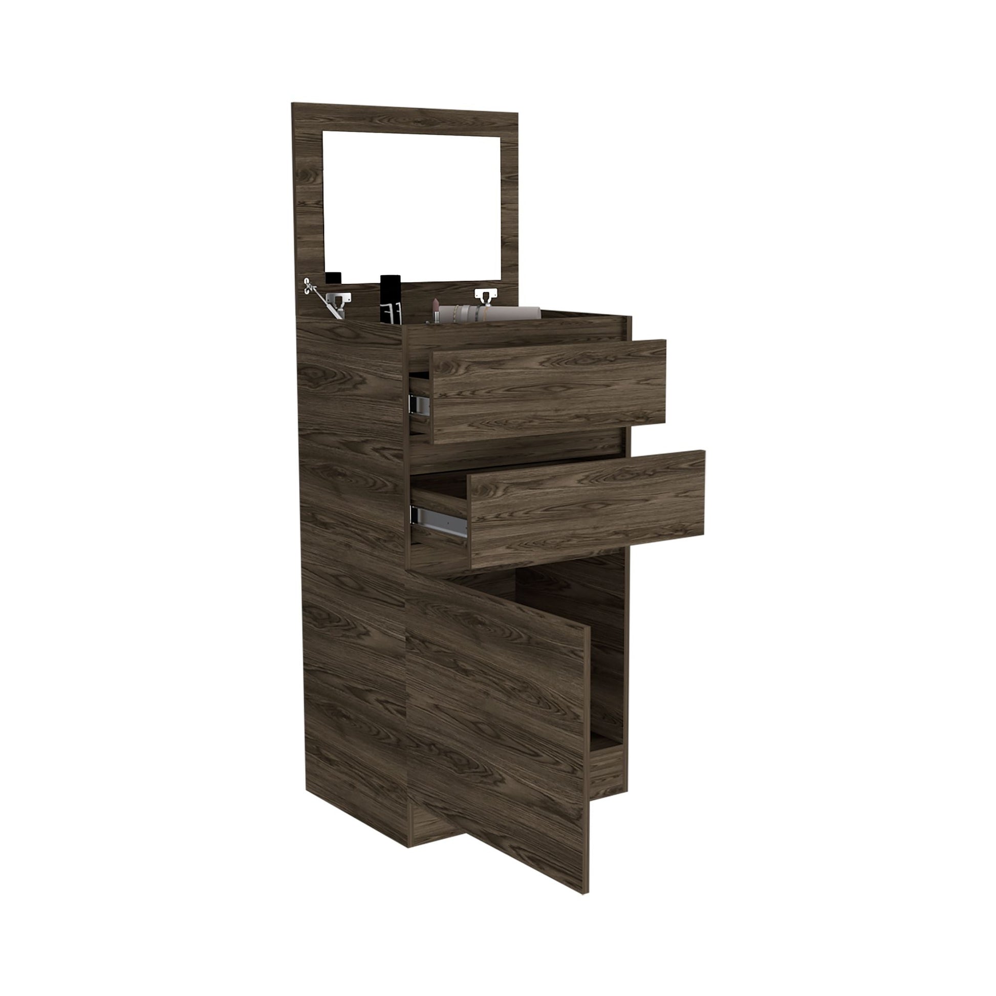 Dresser 43"H, Jewelry Box, Mirror, Single Door Cabinet, Two Drawers, Dark Walnut image 7