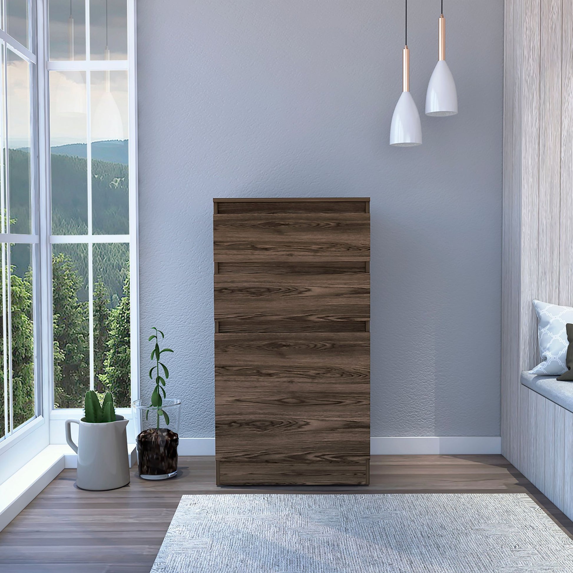 Dresser 43"H, Jewelry Box, Mirror, Single Door Cabinet, Two Drawers, Dark Walnut image 1