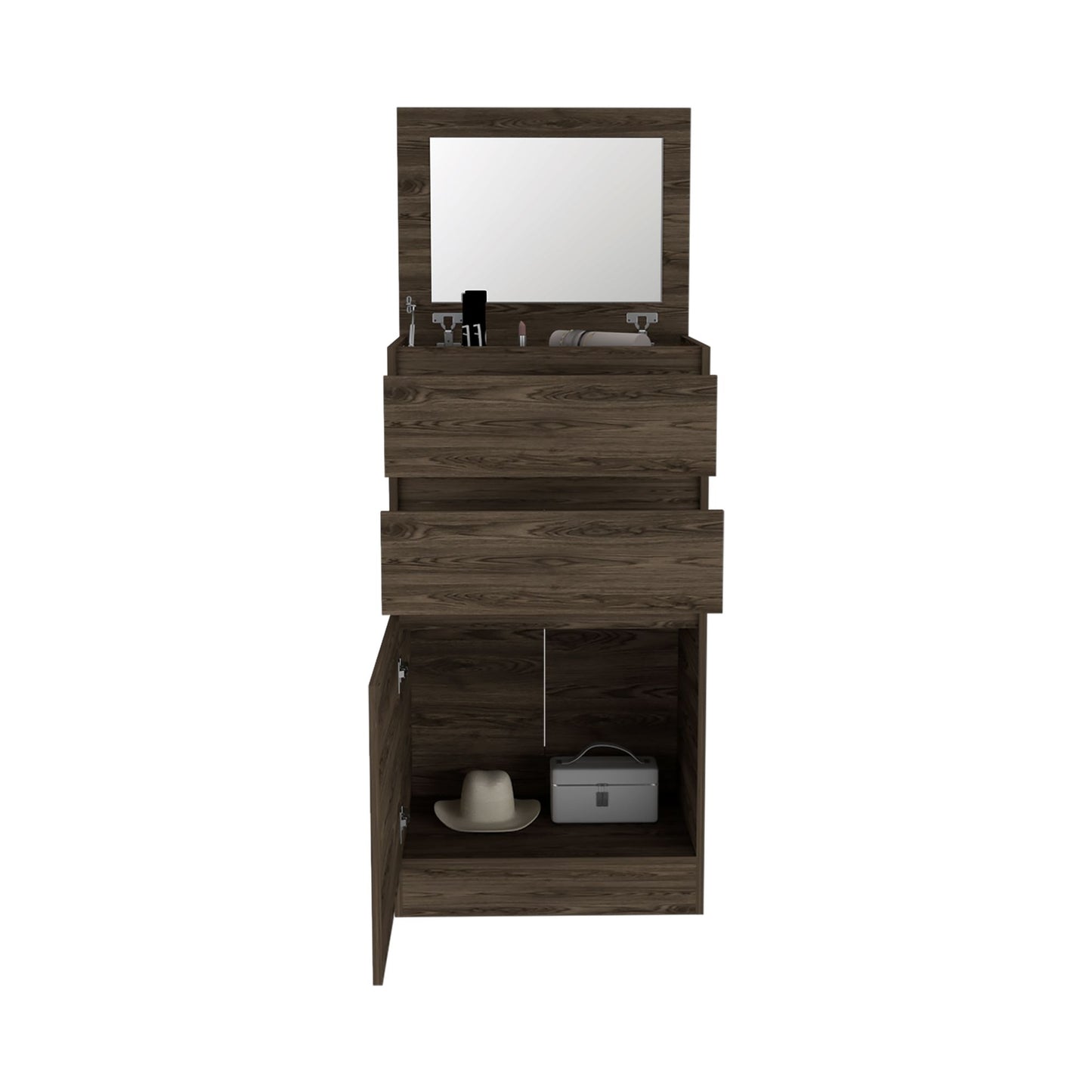 Dresser 43"H, Jewelry Box, Mirror, Single Door Cabinet, Two Drawers, Dark Walnut image 8