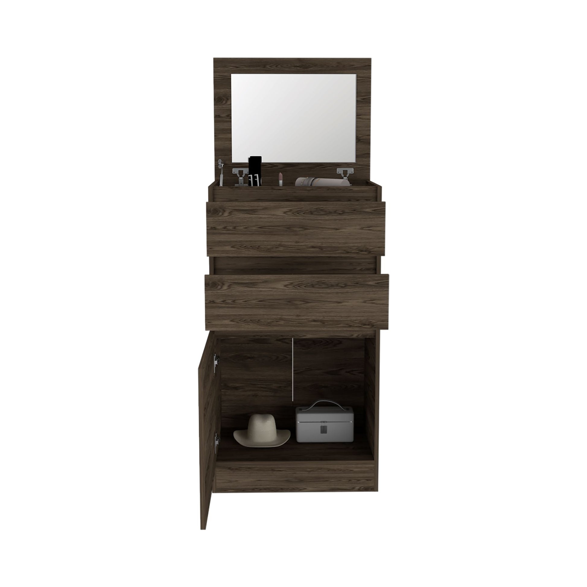 Dresser 43"H, Jewelry Box, Mirror, Single Door Cabinet, Two Drawers, Dark Walnut image 8