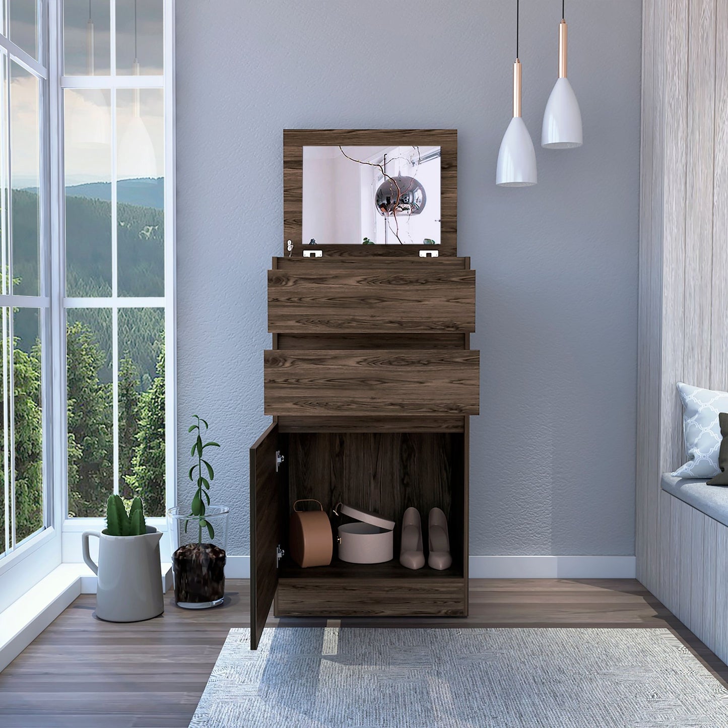 Dresser 43"H, Jewelry Box, Mirror, Single Door Cabinet, Two Drawers, Dark Walnut image 2