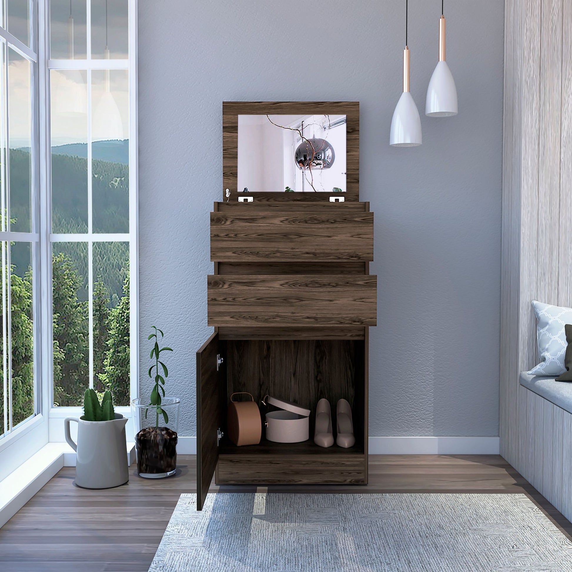 Dresser 43"H, Jewelry Box, Mirror, Single Door Cabinet, Two Drawers, Dark Walnut image 2