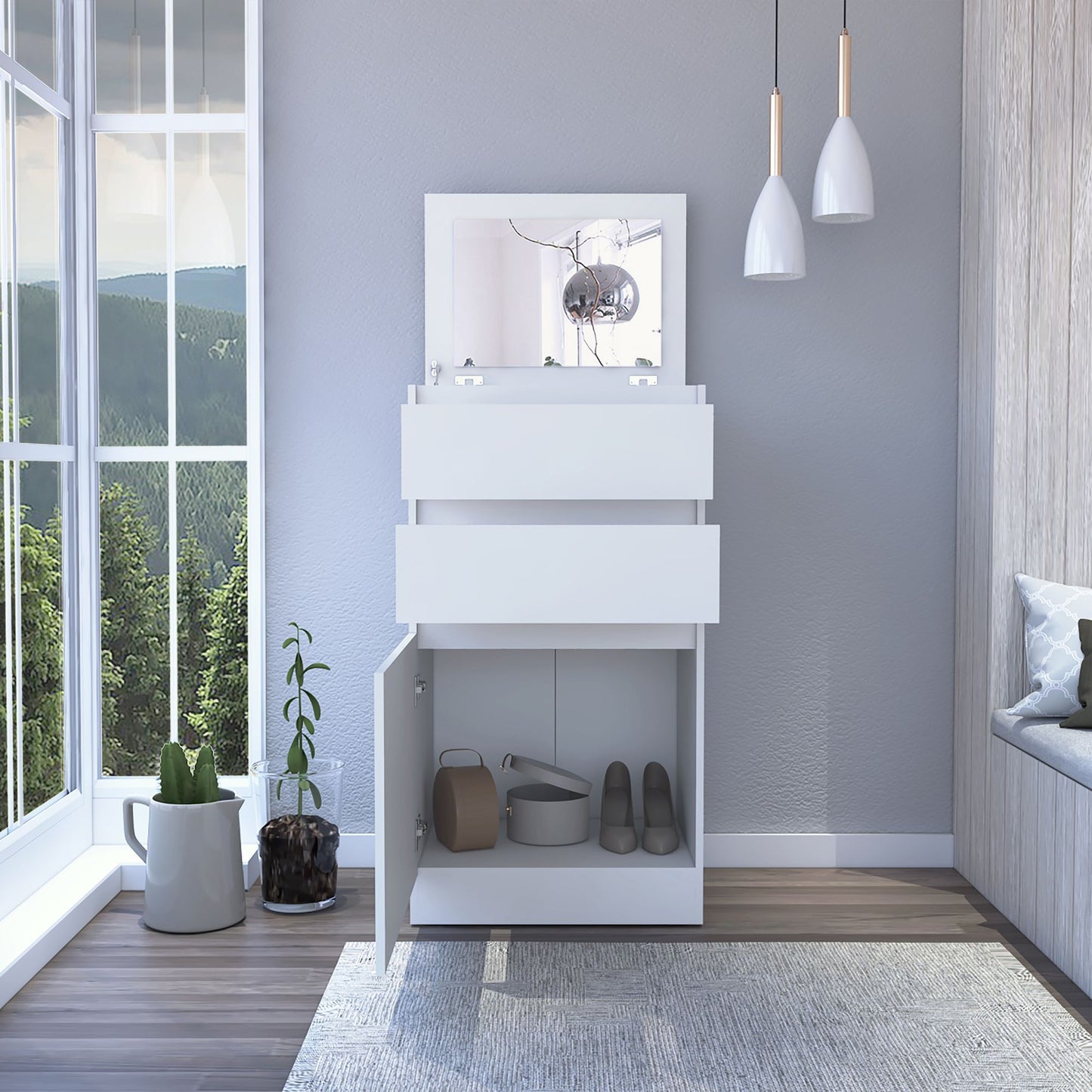 Dresser 43"H, Jewelry Box, Mirror, Single Door Cabinet, Two Drawers, White image 2
