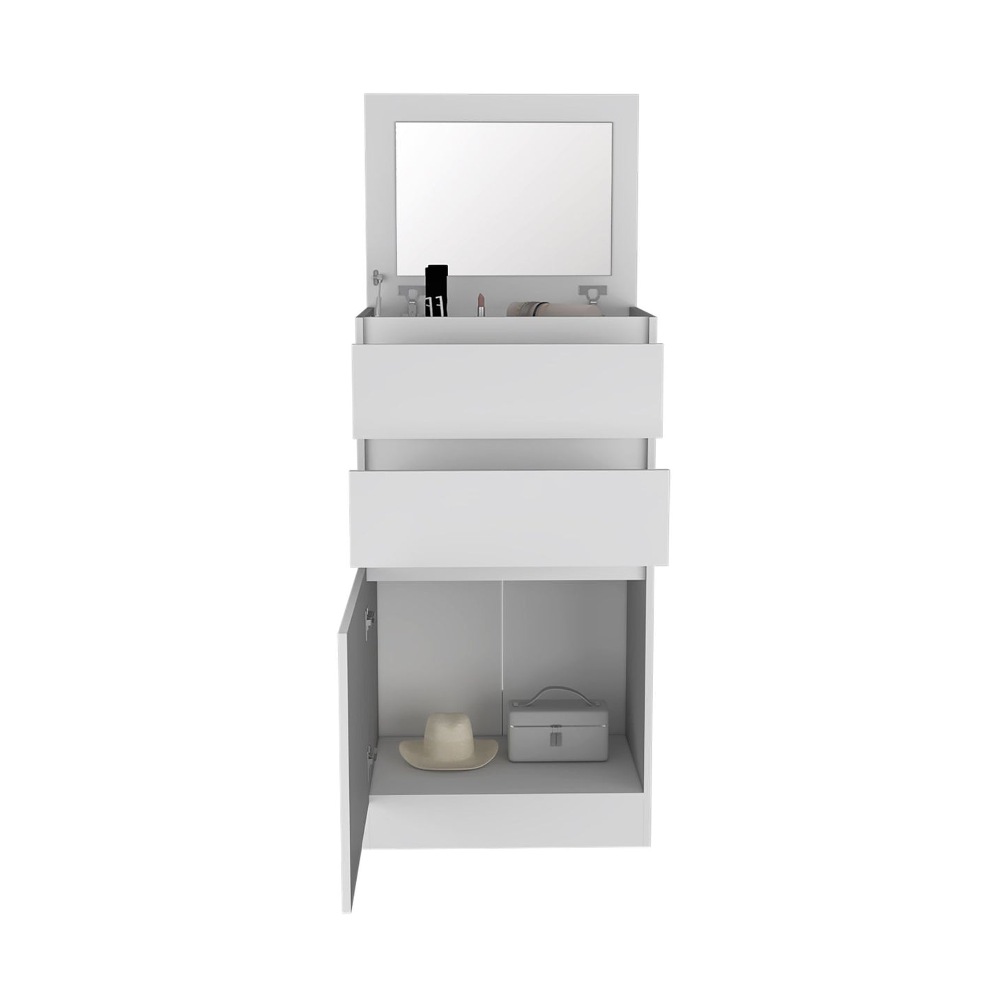 Dresser 43"H, Jewelry Box, Mirror, Single Door Cabinet, Two Drawers, White image 5