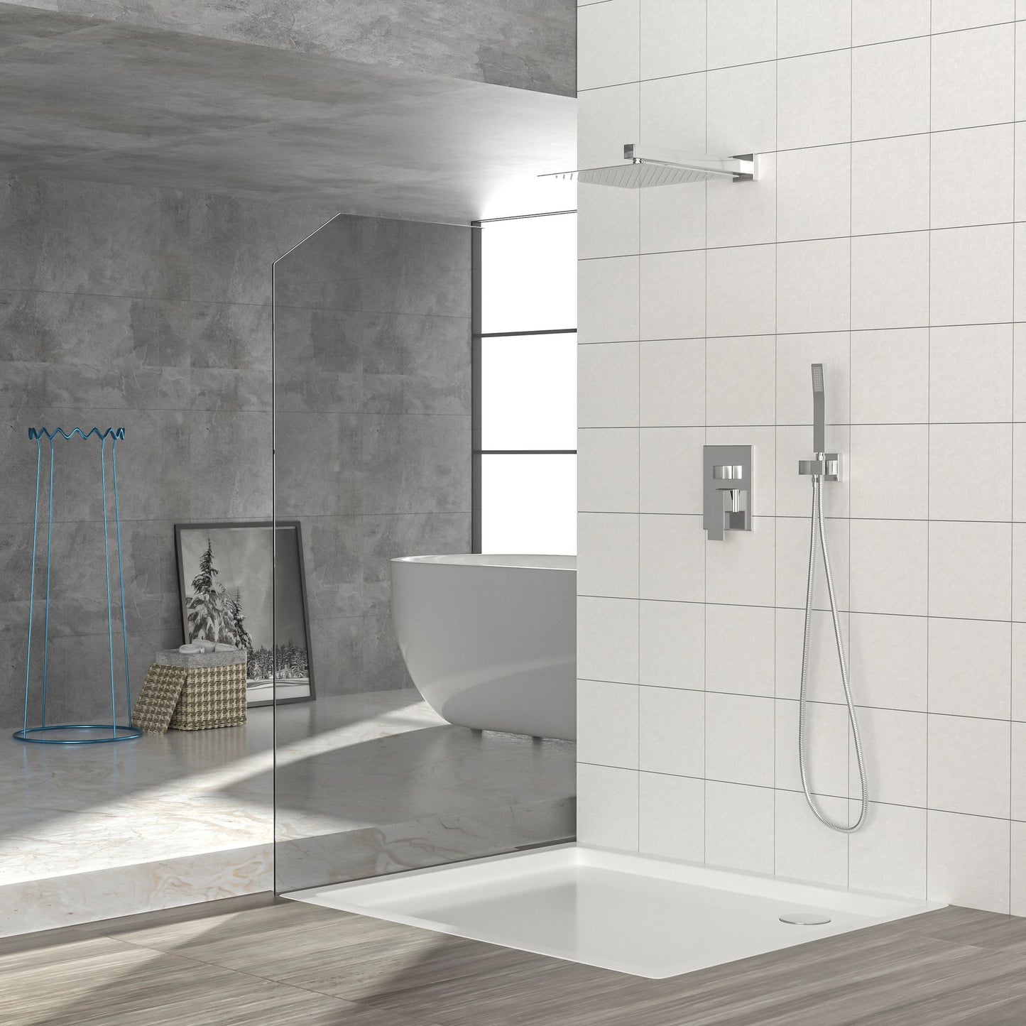 Dual Shower Head - 12 Inch Wall Mounted Square Shower System with Rough-in Valve,Chrome image 3